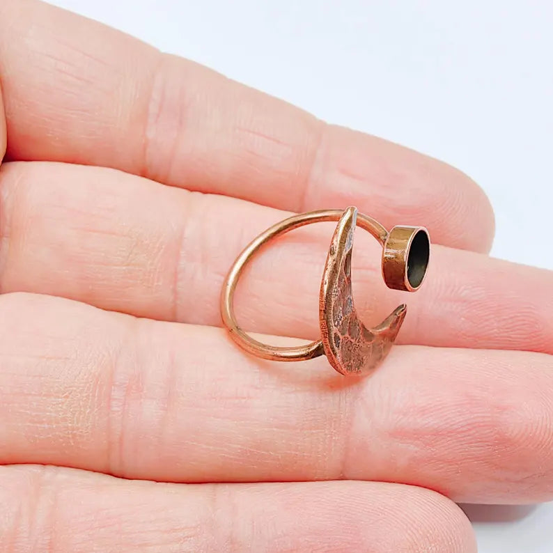 Crescent Moon Adjustable Ring, 6mm Bezel Setting, Antique Copper Ring Base, G37648