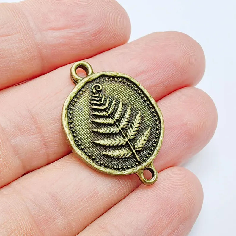 Fern Connector Pendant, Antique Bronze Plated Charm, Double Loop Jewelry Making Supplies, 31x22mm G37652