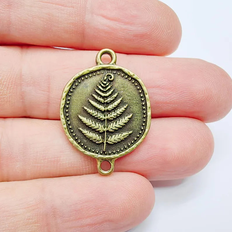 Fern Connector Pendant, Antique Bronze Plated Charm, Double Loop Jewelry Making Supplies, 31x22mm G37652