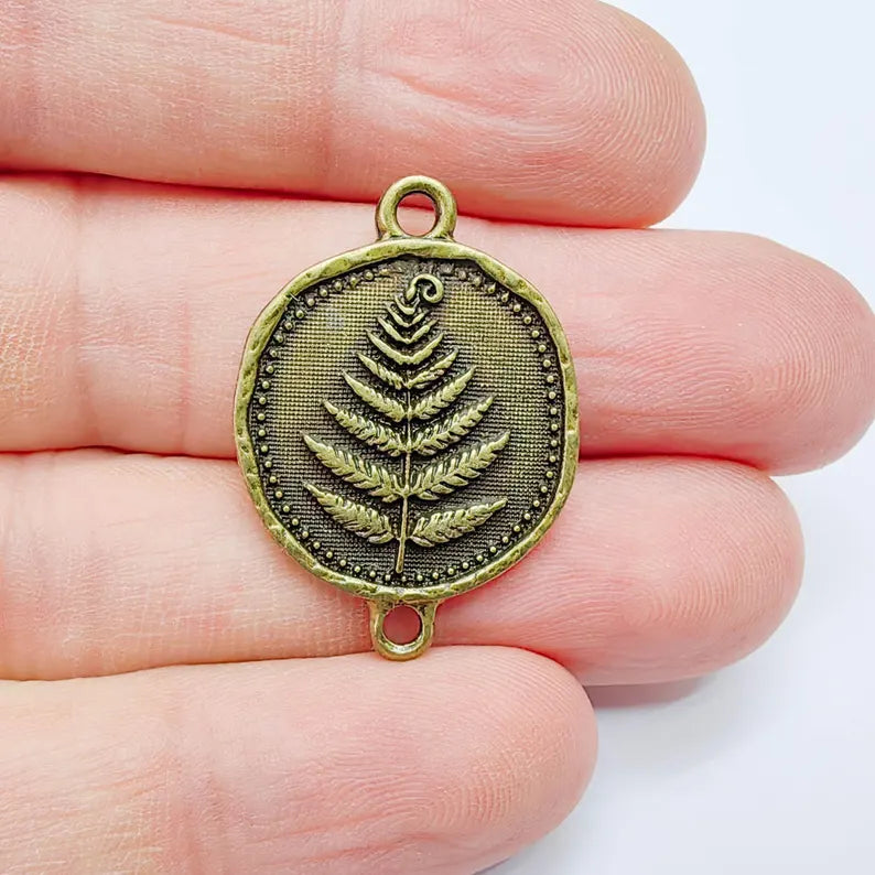 Fern Connector Pendant, Antique Bronze Plated Charm, Double Loop Jewelry Making Supplies, 31x22mm G37652