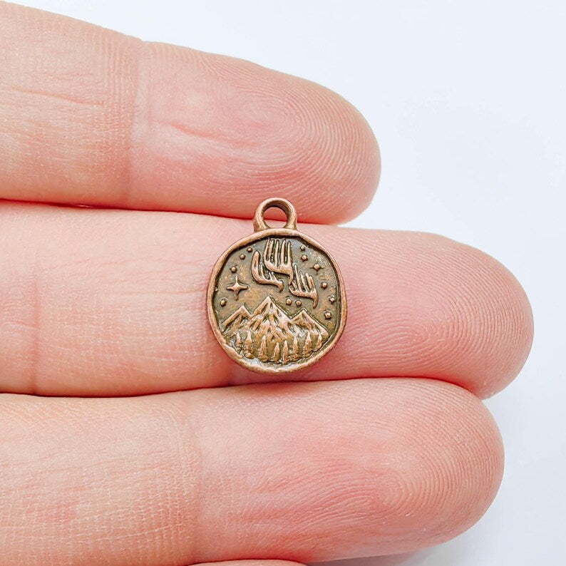 4 Aurora Borealis Charm, Double Sided Pendant, Northern Lights, 16x13mm Antique Copper Plated G37655