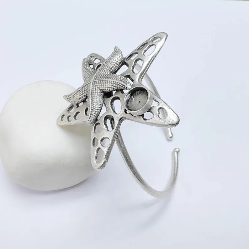 Starfish Bezel Bracelet Base, 8mm Setting, Antique Silver, Adjustable Cuff, G37661