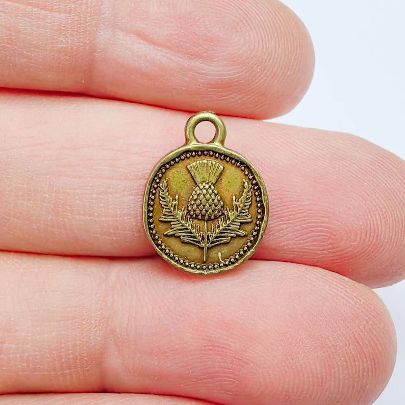 4 Thistle Charm, Double Sided Pendant, Boho Jewelry Making Supplies, Antique Bronze Plated, 16x13mm G37662