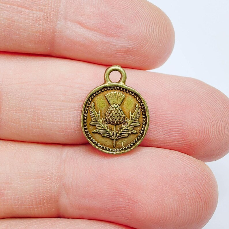4 Thistle Charm, Double Sided Pendant, Boho Jewelry Making Supplies, Antique Bronze Plated, 16x13mm G37662