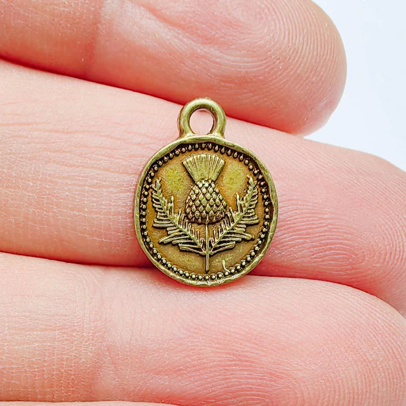 4 Thistle Charm, Double Sided Pendant, Boho Jewelry Making Supplies, Antique Bronze Plated, 16x13mm G37662