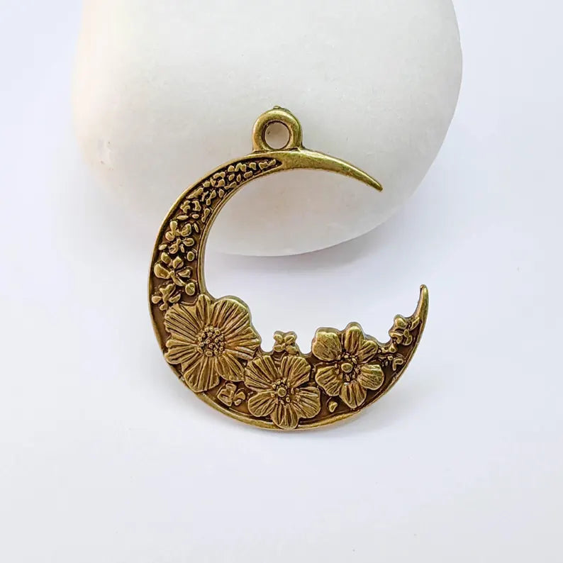 Crescent Moon Charm, Flower Celestial Pendant, Antique Bronze Plated, Jewelry Making Supplies 33x28mm G37666