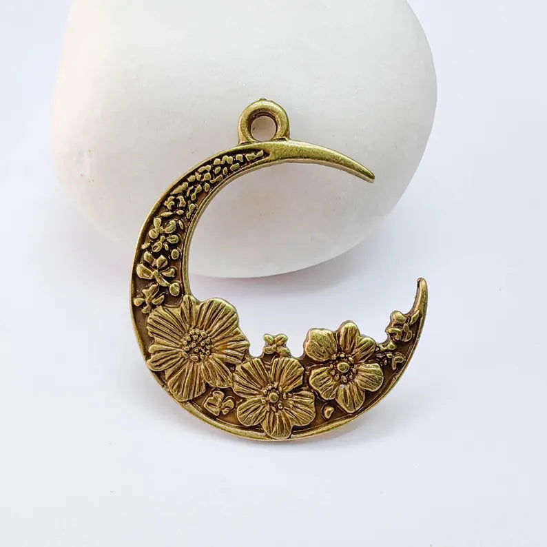 Crescent Moon Charm, Flower Celestial Pendant, Antique Bronze Plated, Jewelry Making Supplies 33x28mm G37666