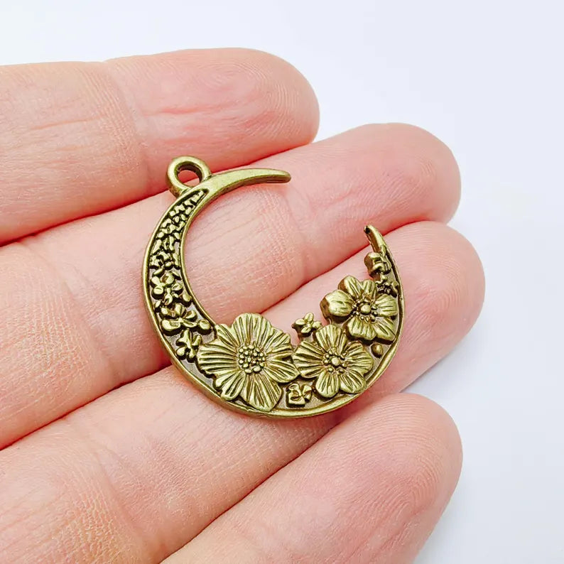 Crescent Moon Charm, Flower Celestial Pendant, Antique Bronze Plated, Jewelry Making Supplies 33x28mm G37666