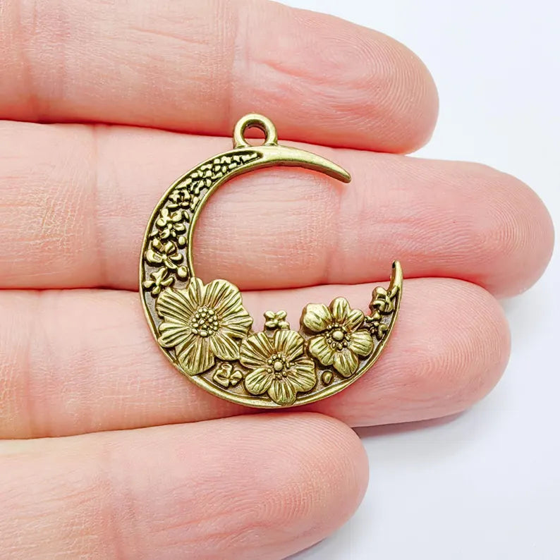 Crescent Moon Charm, Flower Celestial Pendant, Antique Bronze Plated, Jewelry Making Supplies 33x28mm G37666