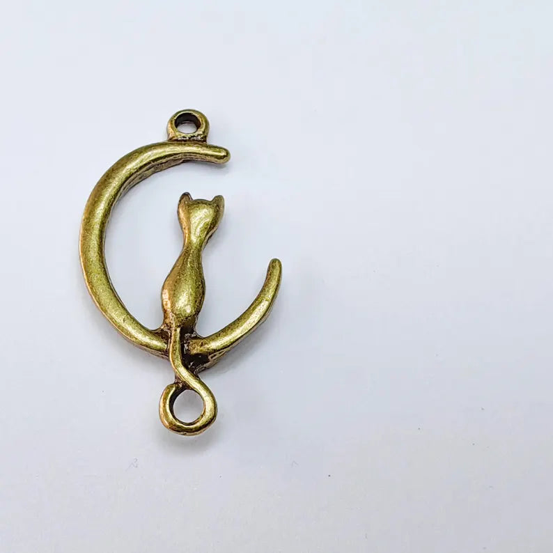 5 Cat Crescent Charms, Dangle DIY Earring Connector, Necklace Parts, Antique Bronze Plated 37x22mm G37669