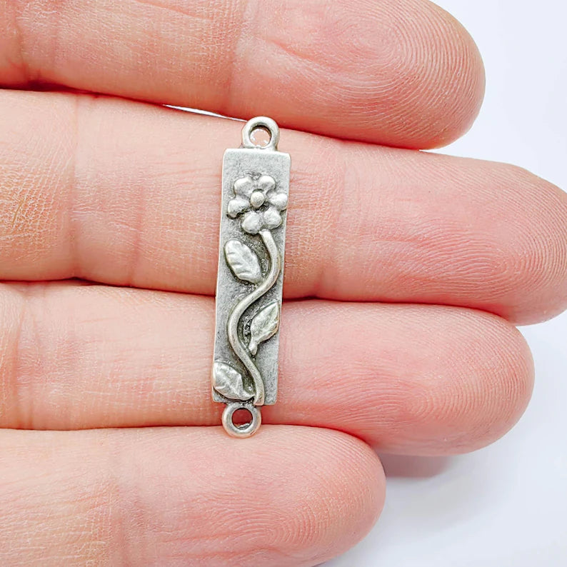 2 Floral Daisy Connector Bar, Antique Silver Vine , Double Loop Link, 32x6mm, G37670