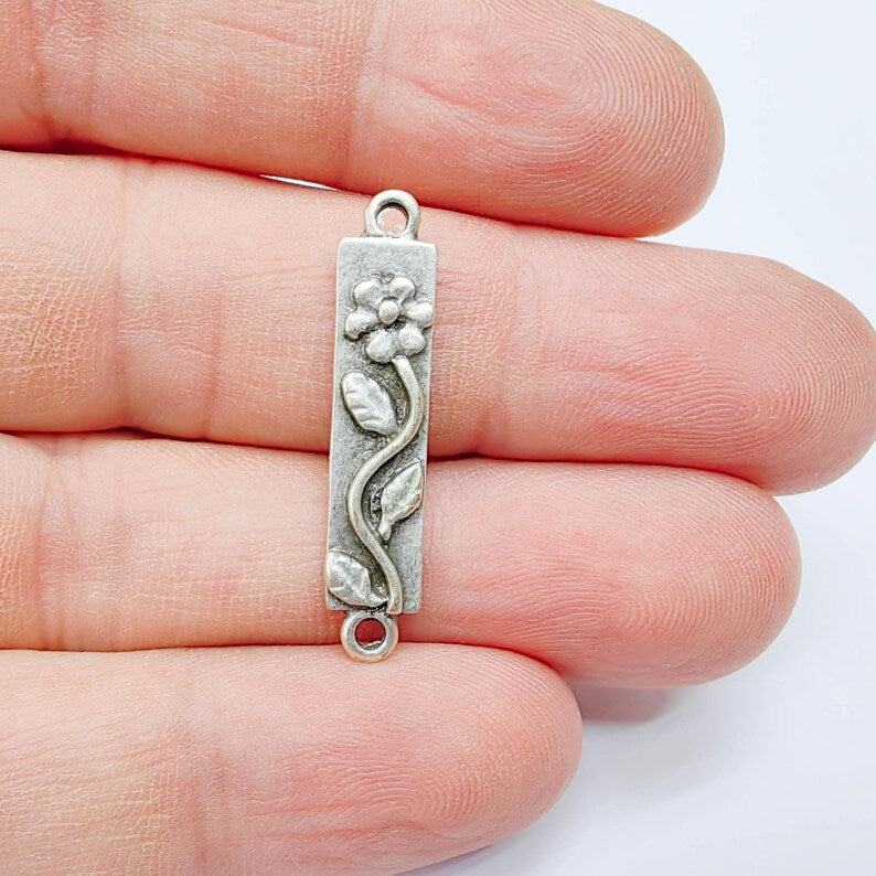 2 Floral Daisy Connector Bar, Antique Silver Vine , Double Loop Link, 32x6mm, G37670