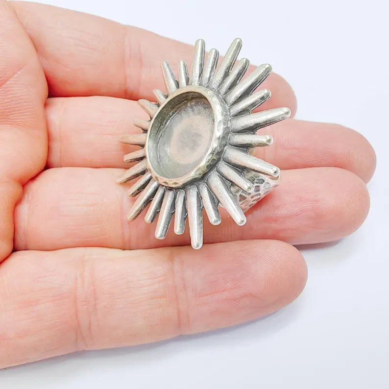 Sunburst Bezel Ring Base, 16mm Oval Setting, Adjustable Statement Jewelry, G37671