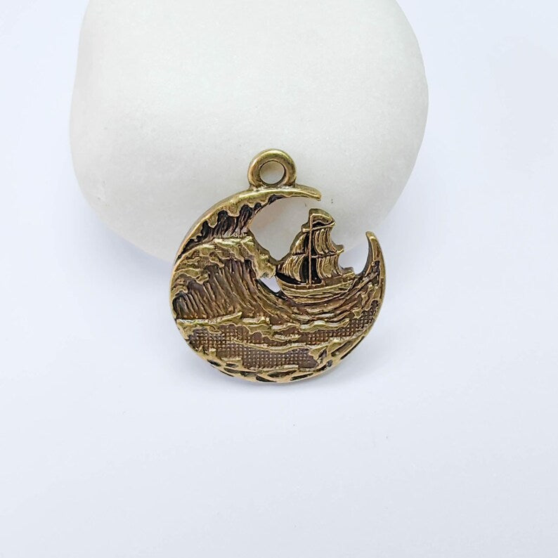 Sailing Ship Charm, Ocean Wave Pendant, Nautical Sea Maritime, Antique Bronze Plated 29x25mm G37674
