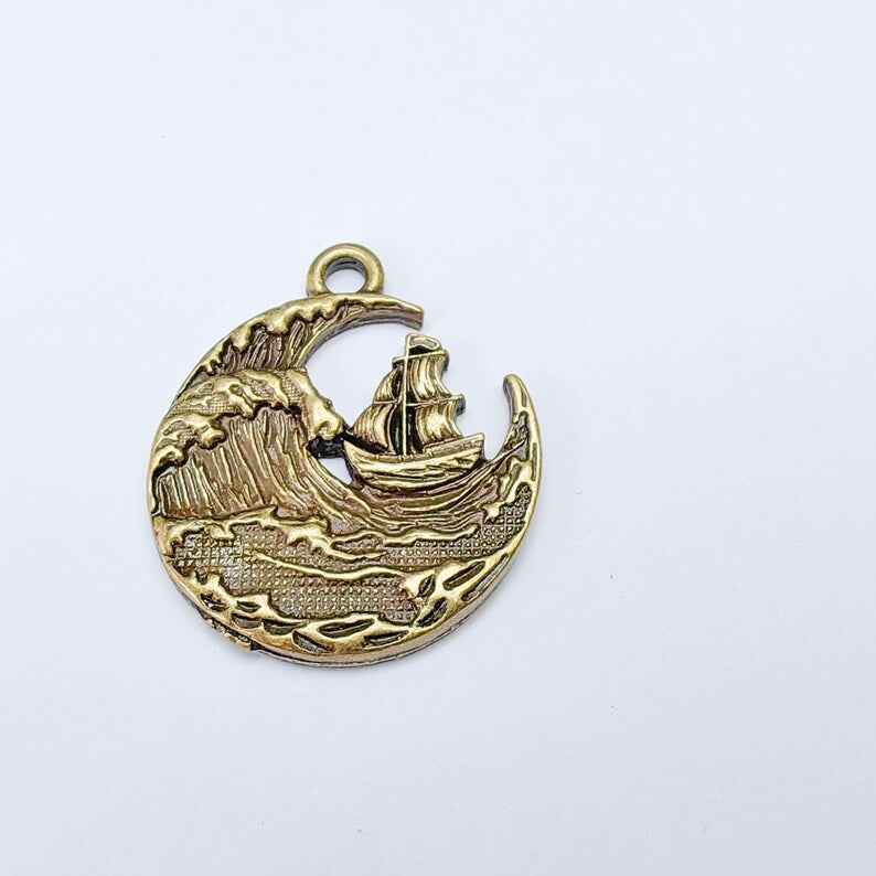Sailing Ship Charm, Ocean Wave Pendant, Nautical Sea Maritime, Antique Bronze Plated 29x25mm G37674