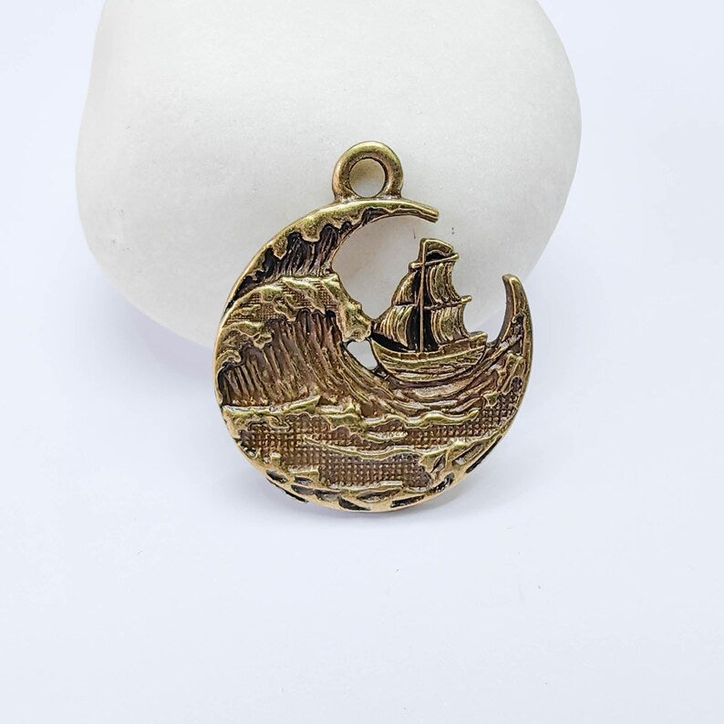 Sailing Ship Charm, Ocean Wave Pendant, Nautical Sea Maritime, Antique Bronze Plated 29x25mm G37674