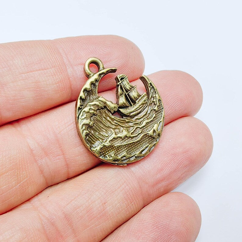 Sailing Ship Charm, Ocean Wave Pendant, Nautical Sea Maritime, Antique Bronze Plated 29x25mm G37674