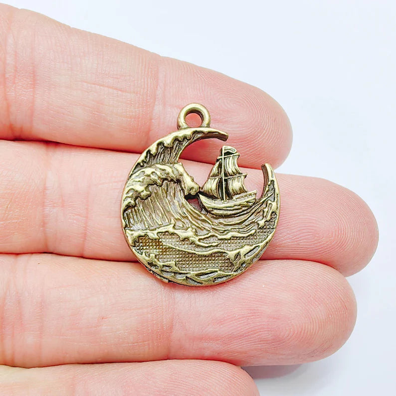 Sailing Ship Charm, Ocean Wave Pendant, Nautical Sea Maritime, Antique Bronze Plated 29x25mm G37674