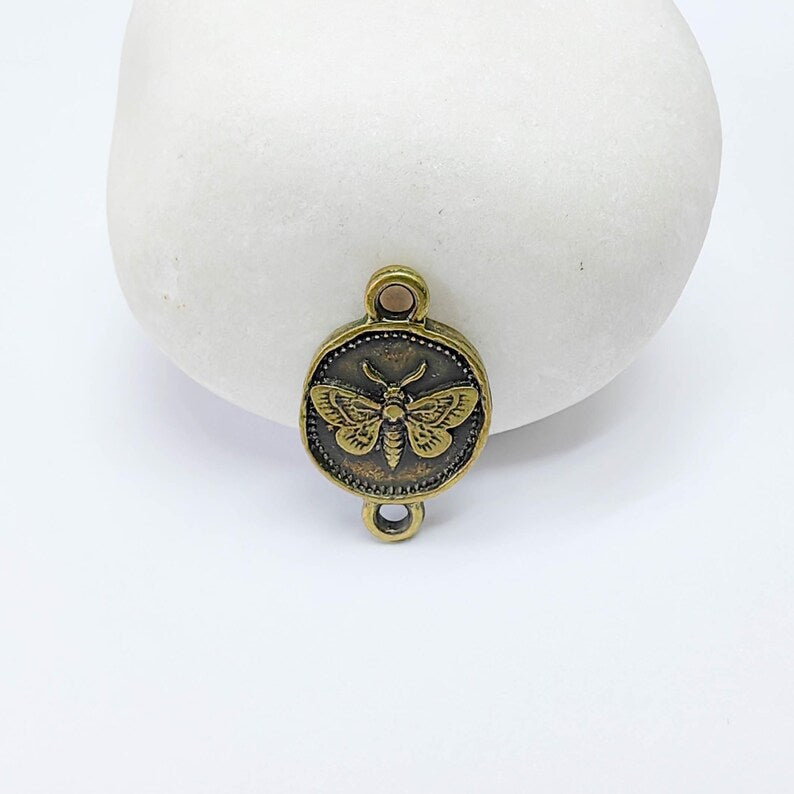 4 Moth Charm Connector Pendant, Double Sided Organic Round Coin Design, Antique Bronze, 20x12mm, G37682