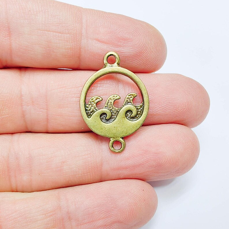 2 Wave Circle Connector, Ocean Motif Jewelry Link, Antique Bronze Design, G37684