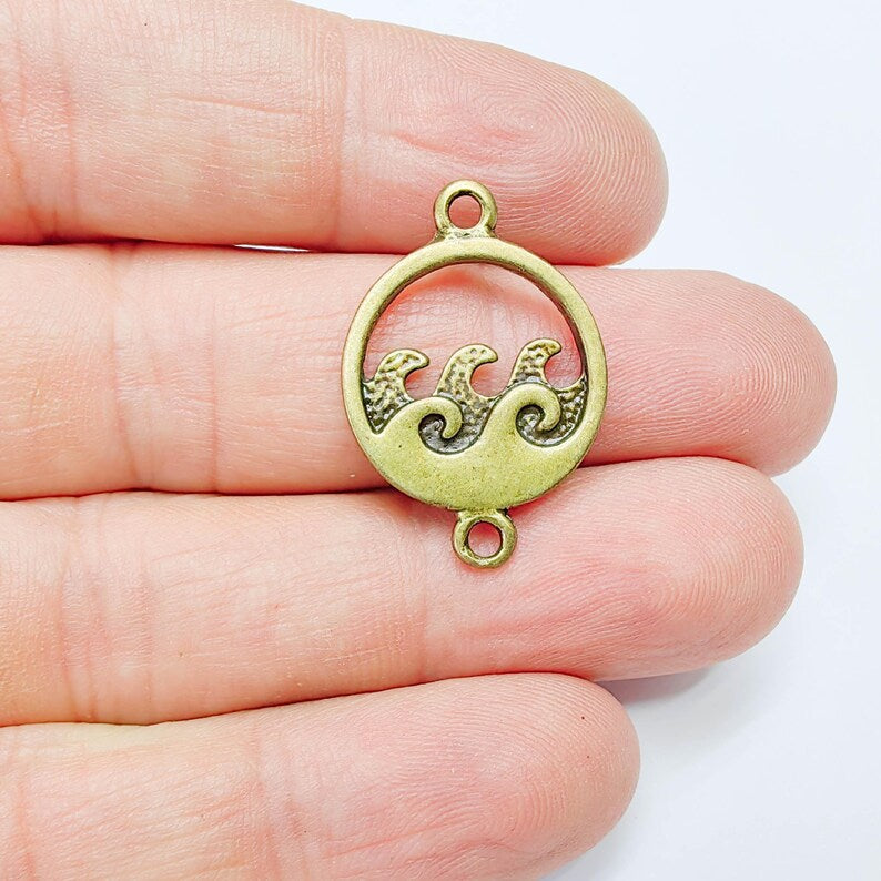 2 Wave Circle Connector, Ocean Motif Jewelry Link, Antique Bronze Design, G37684