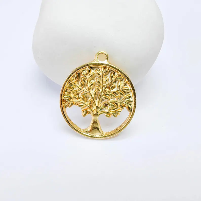 Tree of Life Charm, Round Pendant, 24K Gold Color, Jewelry Finding, 26x22mm, G37692