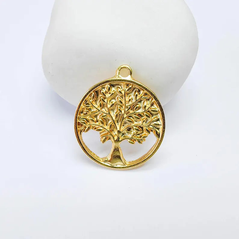 Tree of Life Charm, Round Pendant, 24K Gold Color, Jewelry Finding, 26x22mm, G37692