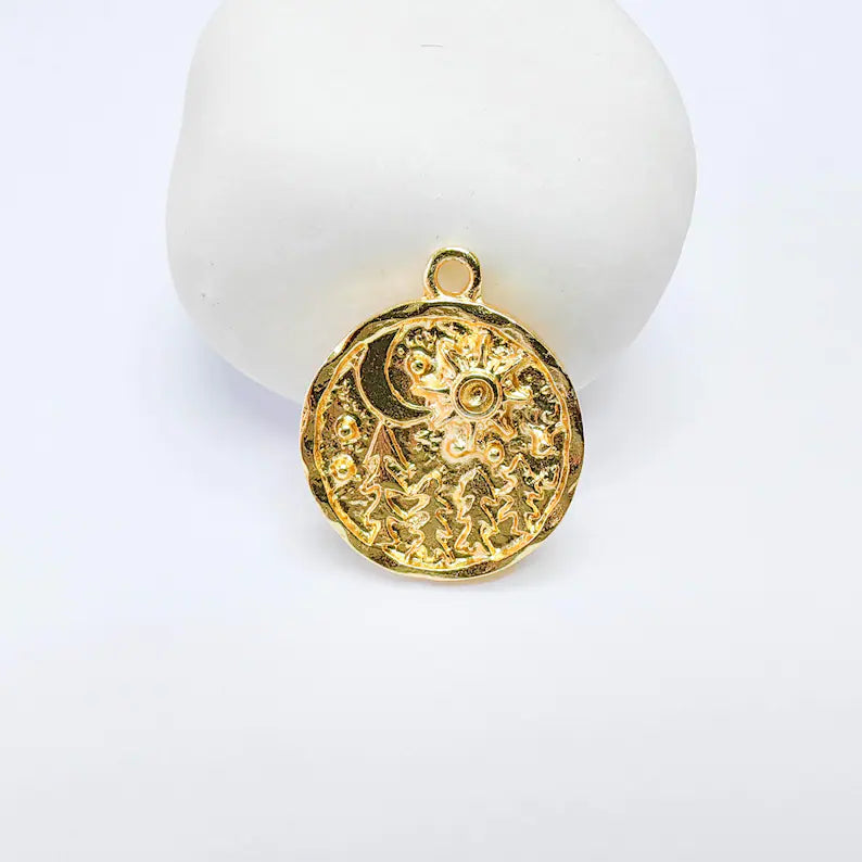 Sun Moon Forest Charm, 25x21mm Nature Pendant, 24K Gold Color, G37696