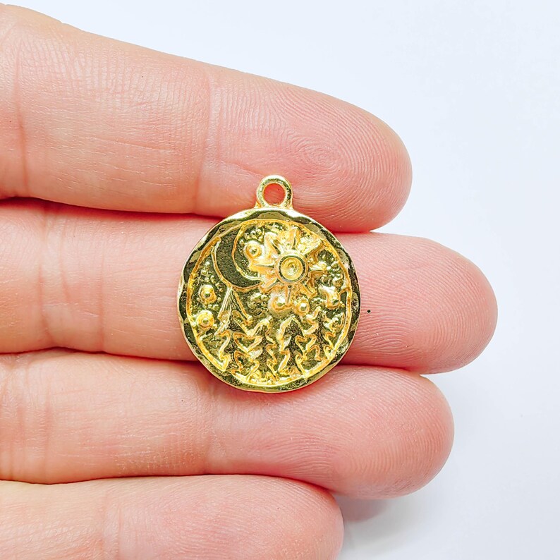 Sun Moon Forest Charm, 25x21mm Nature Pendant, 24K Gold Color, G37696