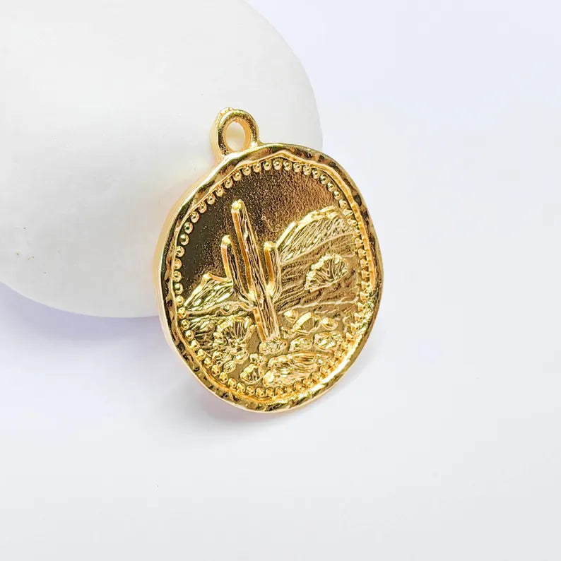 Round Desert Landscape Charm, Cactus Scenic Design, 24k Gold Color, Jewelry Finding, 32x27mm, G37701