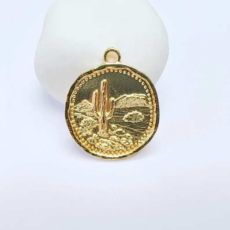 Round Desert Landscape Charm, Cactus Scenic Design, 24k Gold Color, Jewelry Finding, 32x27mm, G37701