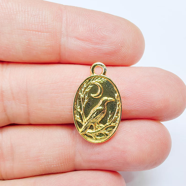 Oval Raven Moon Charm, Mystical Bird Design, 24k Gold Color, Jewelry Finding, 23x14mm, G37702