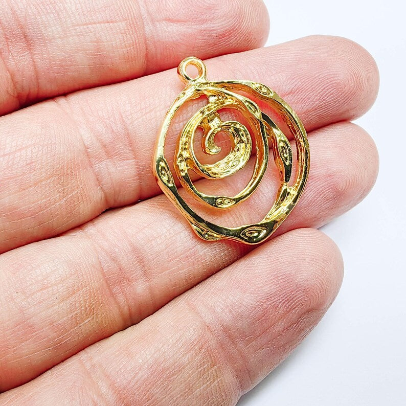 Spiral Circle Charm, Abstract Swirl Design, 24k Gold Color, Jewelry Finding, 30x26mm, G37707