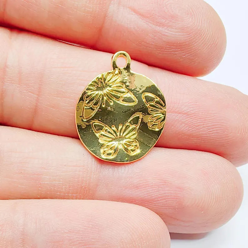 Round 2 Butterfly Charm, Delicate Nature Design, 24k Gold Color, Jewelry Finding, 20x17mm, G37709