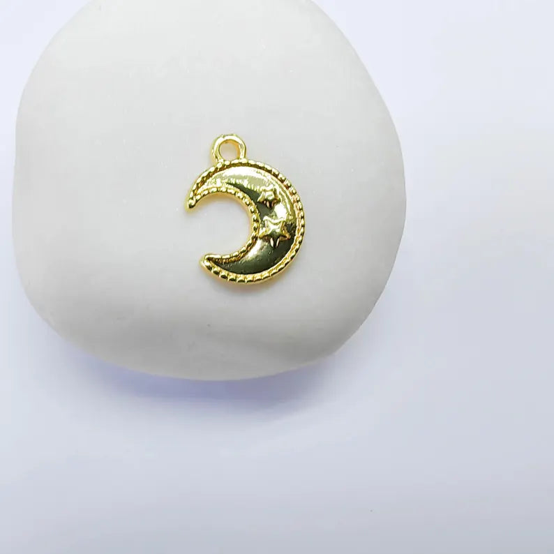 4 Crescent Moon Star Charm, Celestial Mini Design, 24k Gold Color, Jewelry Finding, 14x11mm, G37710