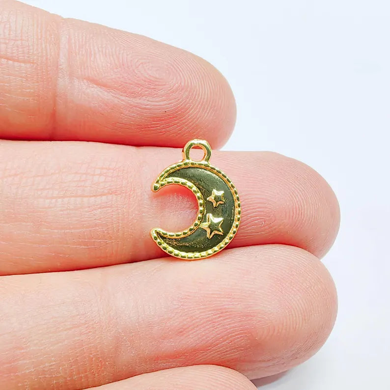 4 Crescent Moon Star Charm, Celestial Mini Design, 24k Gold Color, Jewelry Finding, 14x11mm, G37710