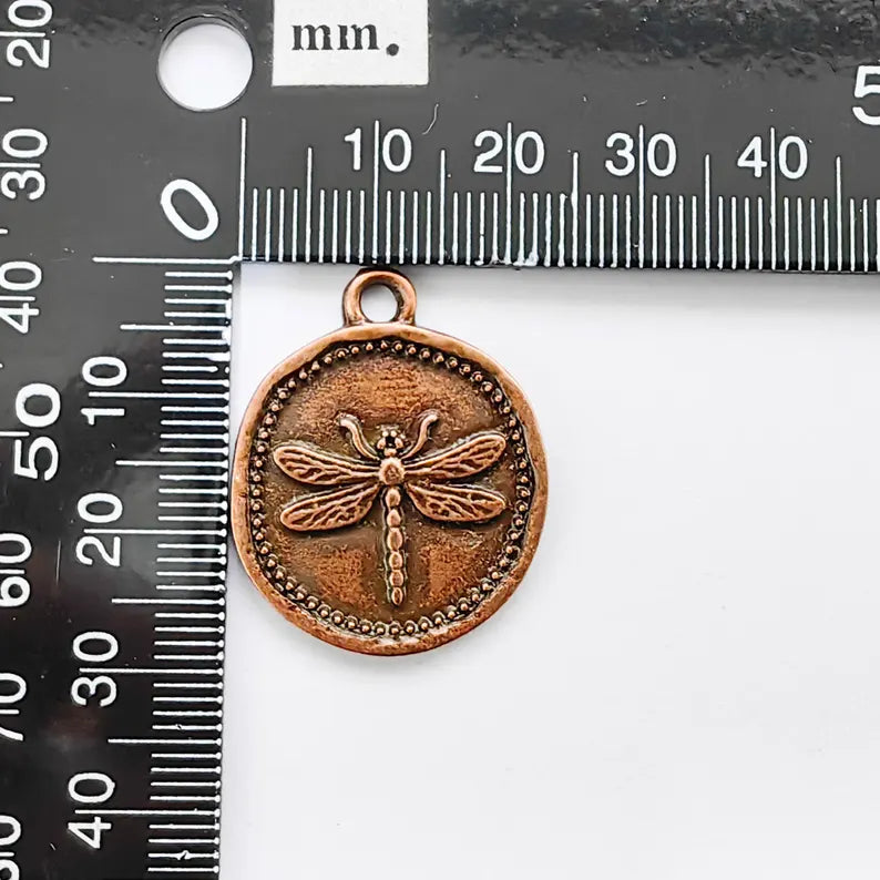 Dragonfly Charm Pendant, Round Botanical Coin Design, Antique Copper Plated, 29x24mm G37754