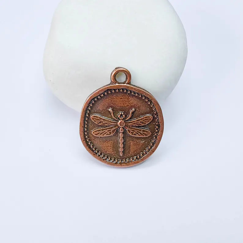 Dragonfly Charm Pendant, Round Botanical Coin Design, Antique Copper Plated, 29x24mm G37754