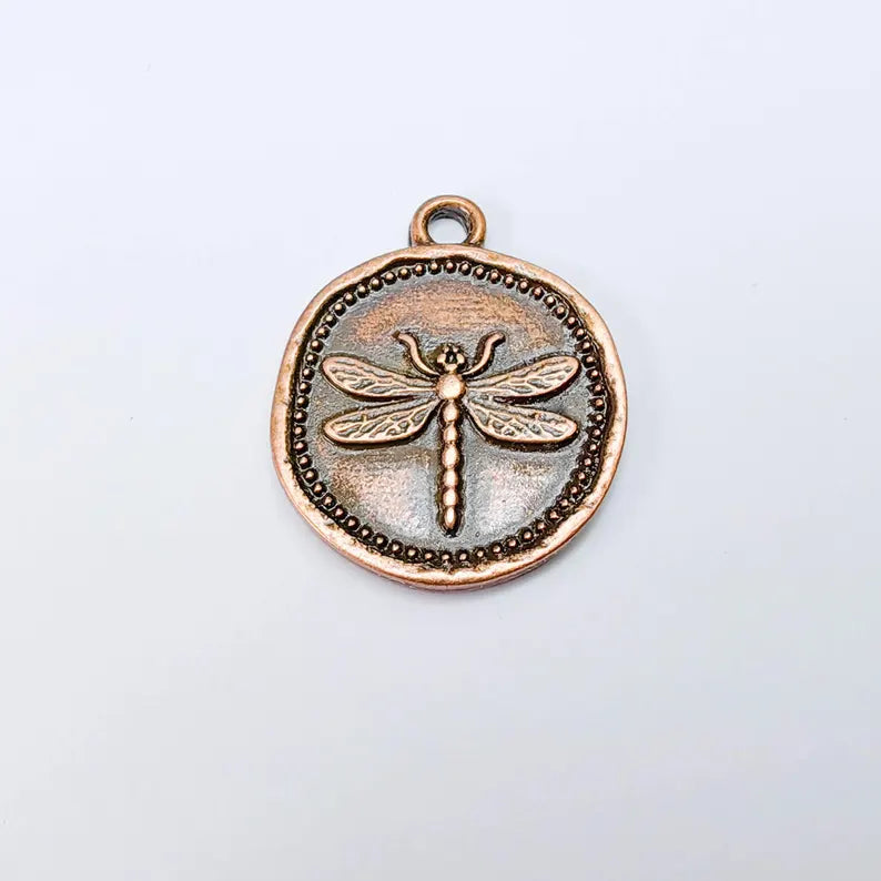 Dragonfly Charm Pendant, Round Botanical Coin Design, Antique Copper Plated, 29x24mm G37754