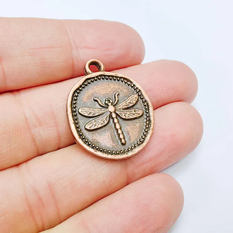 Dragonfly Charm Pendant, Round Botanical Coin Design, Antique Copper Plated, 29x24mm G37754