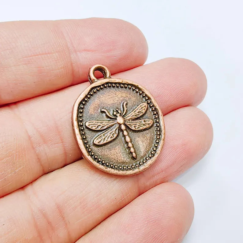 Dragonfly Charm Pendant, Round Botanical Coin Design, Antique Copper Plated, 29x24mm G37754