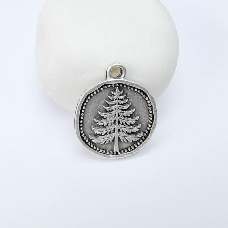 Pine Tree Charm Pendant, Round Forest Design, Antique Silver Plated, 28x24mm G37755