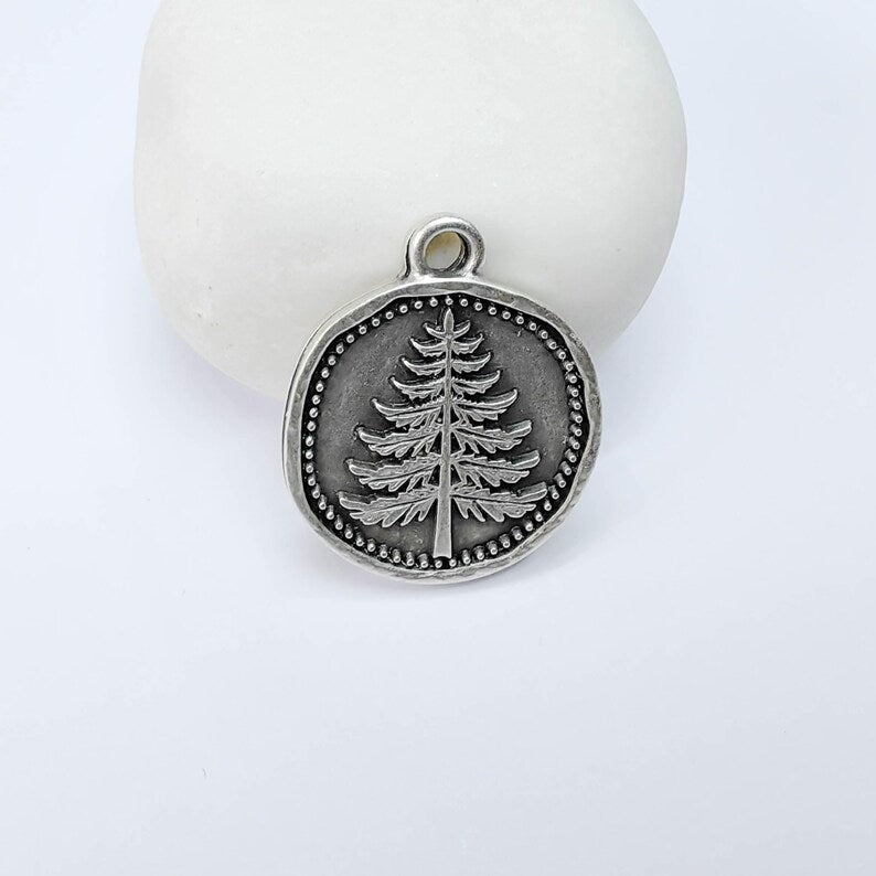 Pine Tree Charm Pendant, Round Forest Design, Antique Silver Plated, 28x24mm G37755