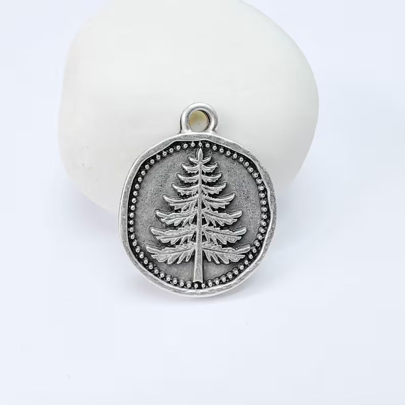 Pine Tree Charm Pendant, Round Forest Design, Antique Silver Plated, 28x24mm G37755