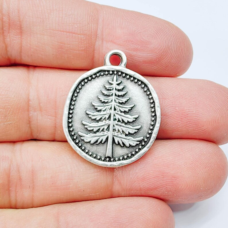 Pine Tree Charm Pendant, Round Forest Design, Antique Silver Plated, 28x24mm G37755