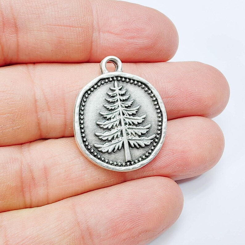 Pine Tree Charm Pendant, Round Forest Design, Antique Silver Plated, 28x24mm G37755