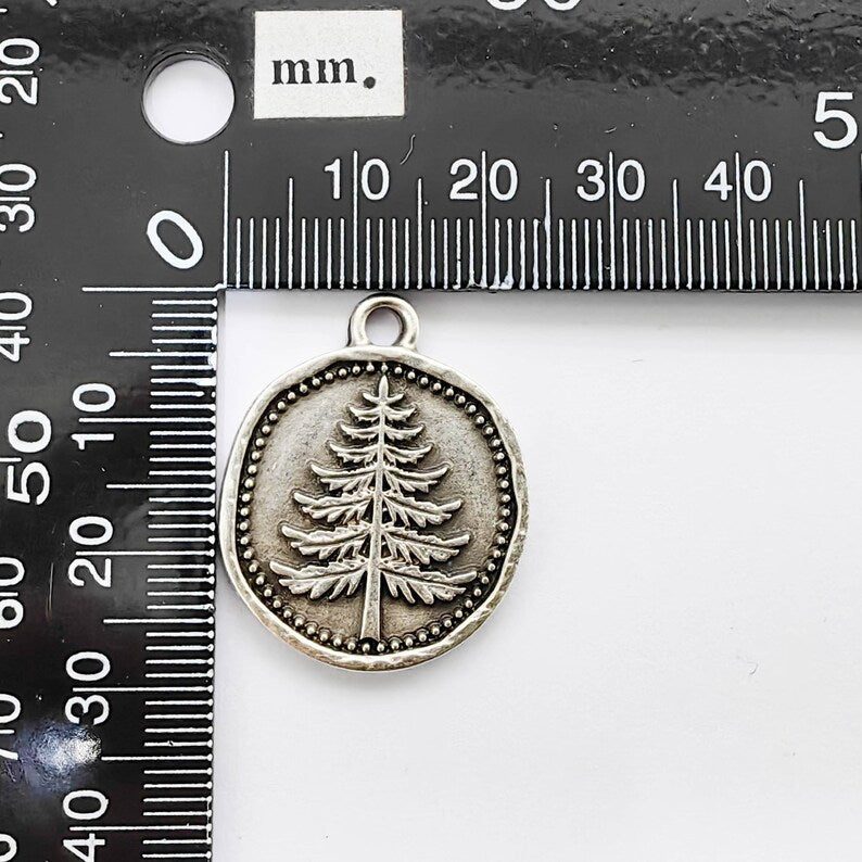 Pine Tree Charm Pendant, Round Forest Design, Antique Silver Plated, 28x24mm G37755