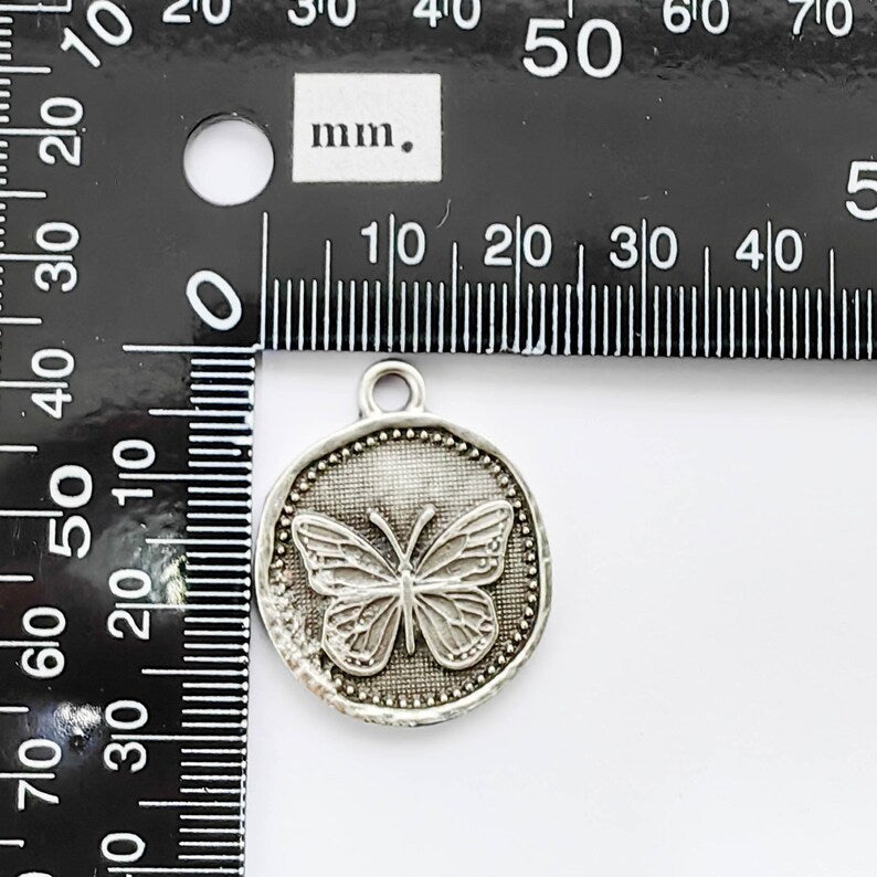 Butterfly Charm Pendant, Detailed Insect Design, Antique Silver Plated, Round Shape, 28x24mm, G37757