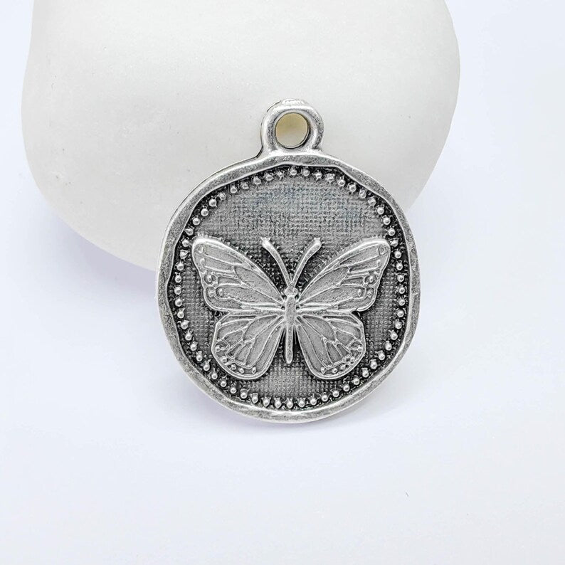 Butterfly Charm Pendant, Detailed Insect Design, Antique Silver Plated, Round Shape, 28x24mm, G37757