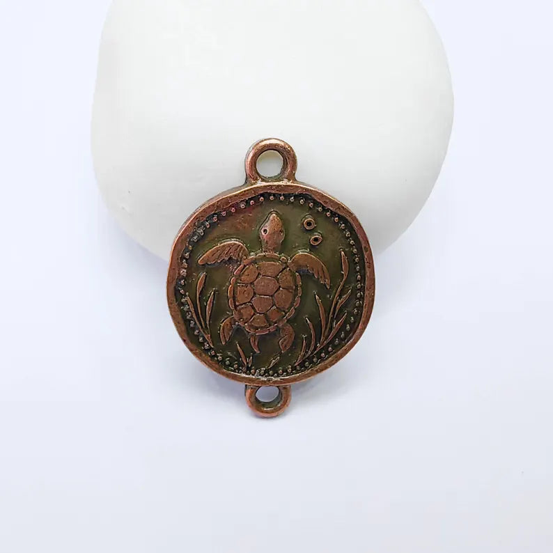 Sea Turtle Charm Connector, Round Ocean Animal Design, Antique Copper Plated, 34x24mm, G37758